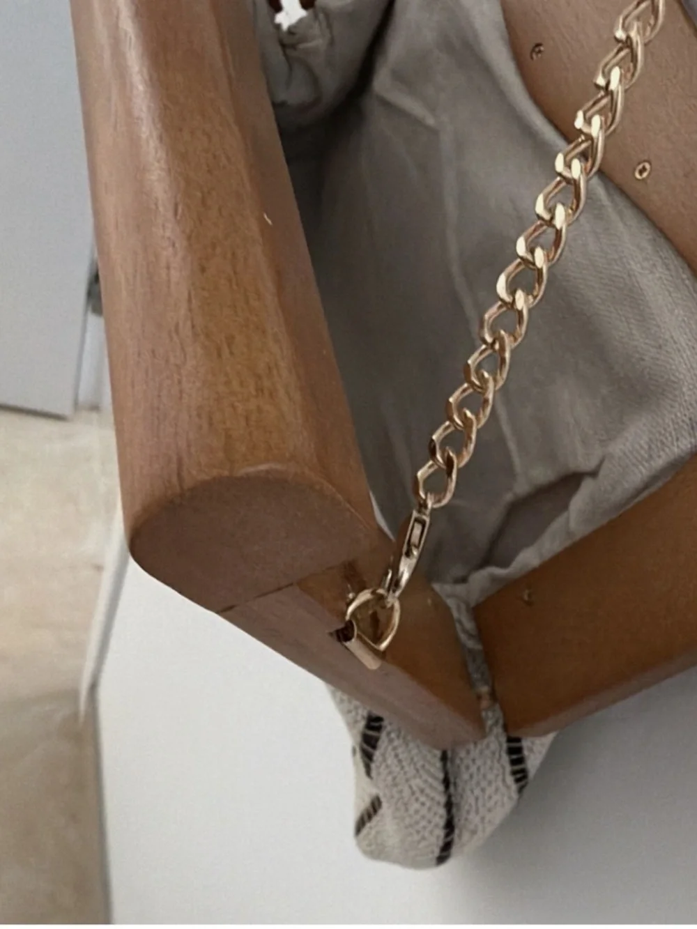 Share Haute Hippie Women’s Striped Rectangle Shoulder Bag Wood Frame Gold Chain